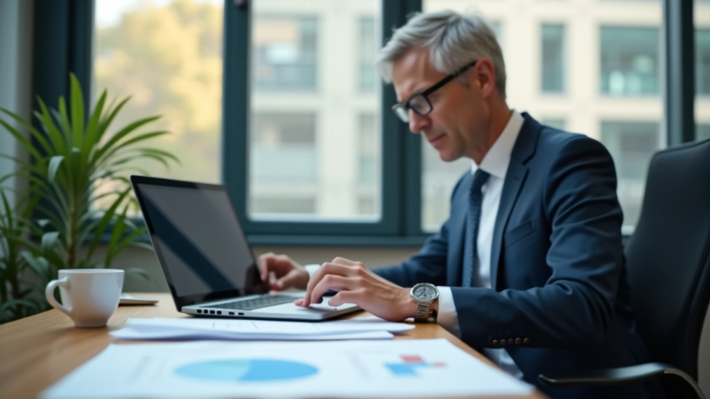 Financial analyst reviewing encrypted data tables and security protocols on a clean desktop workspace
